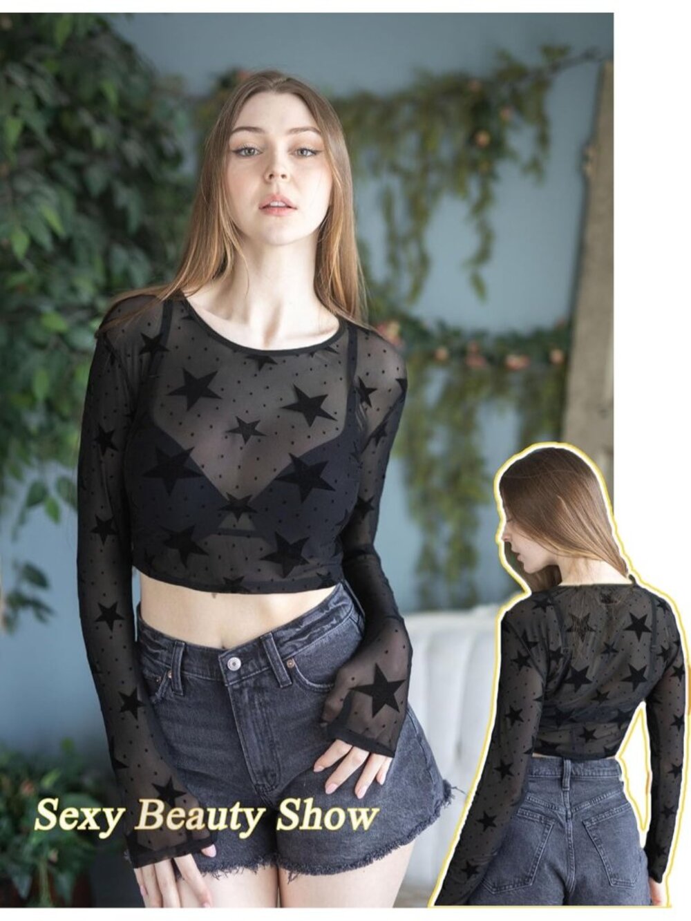 Women's C-Black Sexy Crop Top Mesh Long Sleeve See Through Clubwear Sheer - Picture 5 of 6